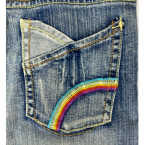 Y2K Vintage Bonage Juniors Women 9/10 Rainbow Embroidered Jeans Blue Low Rise - Picture 14 of 16